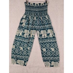 Eastern Serenity Teal Elephant Print Smocked Waist Harem Pants L/XL Boho Yoga
